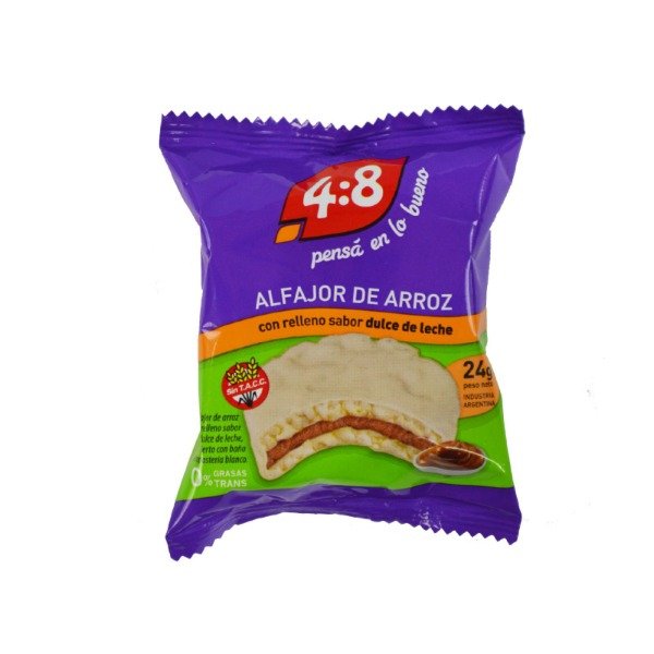 CAJA de ALFAJORES DE ARROZ Blanco DULCE de LECHE SIN TACC 24g x 12u Marca 4:8
